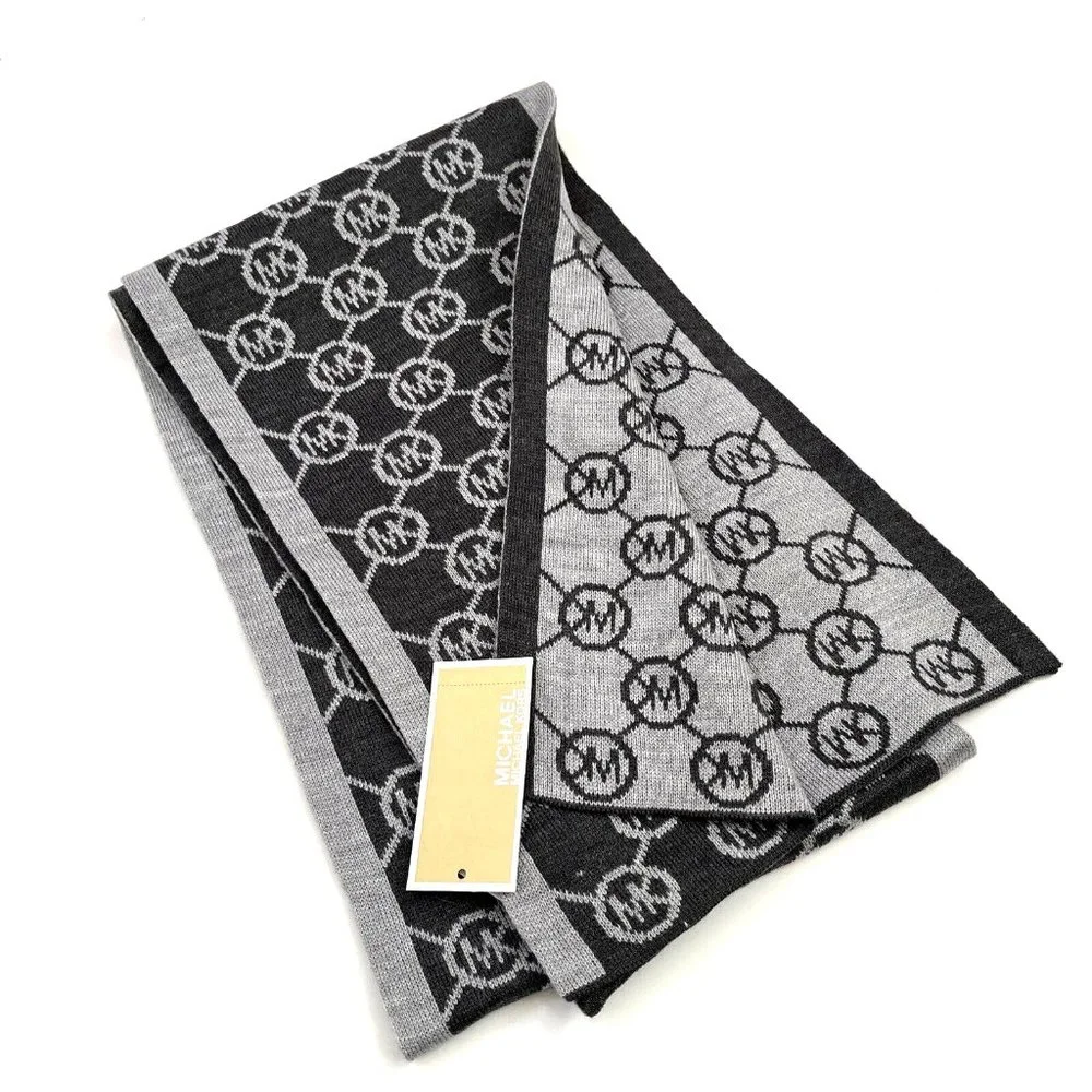 Michael Kors MK Logo Knit Scarf Gray Black Reversible Unisex NWT 9.5